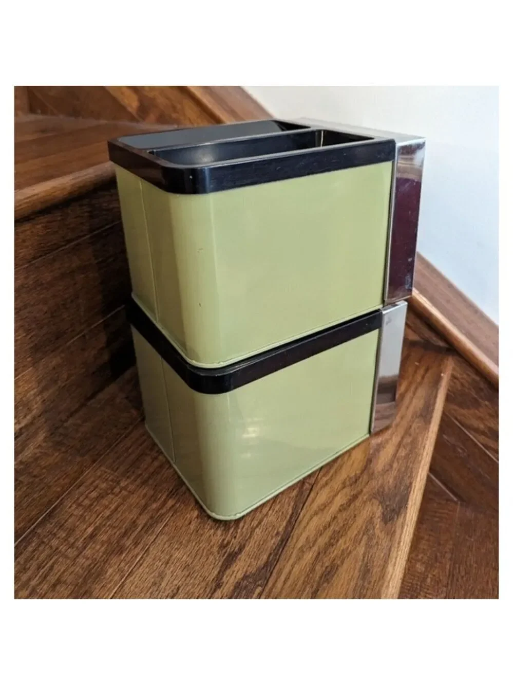 Vintage Lady Garner Avocado Green MCM Chrome tea & coffee Canisters